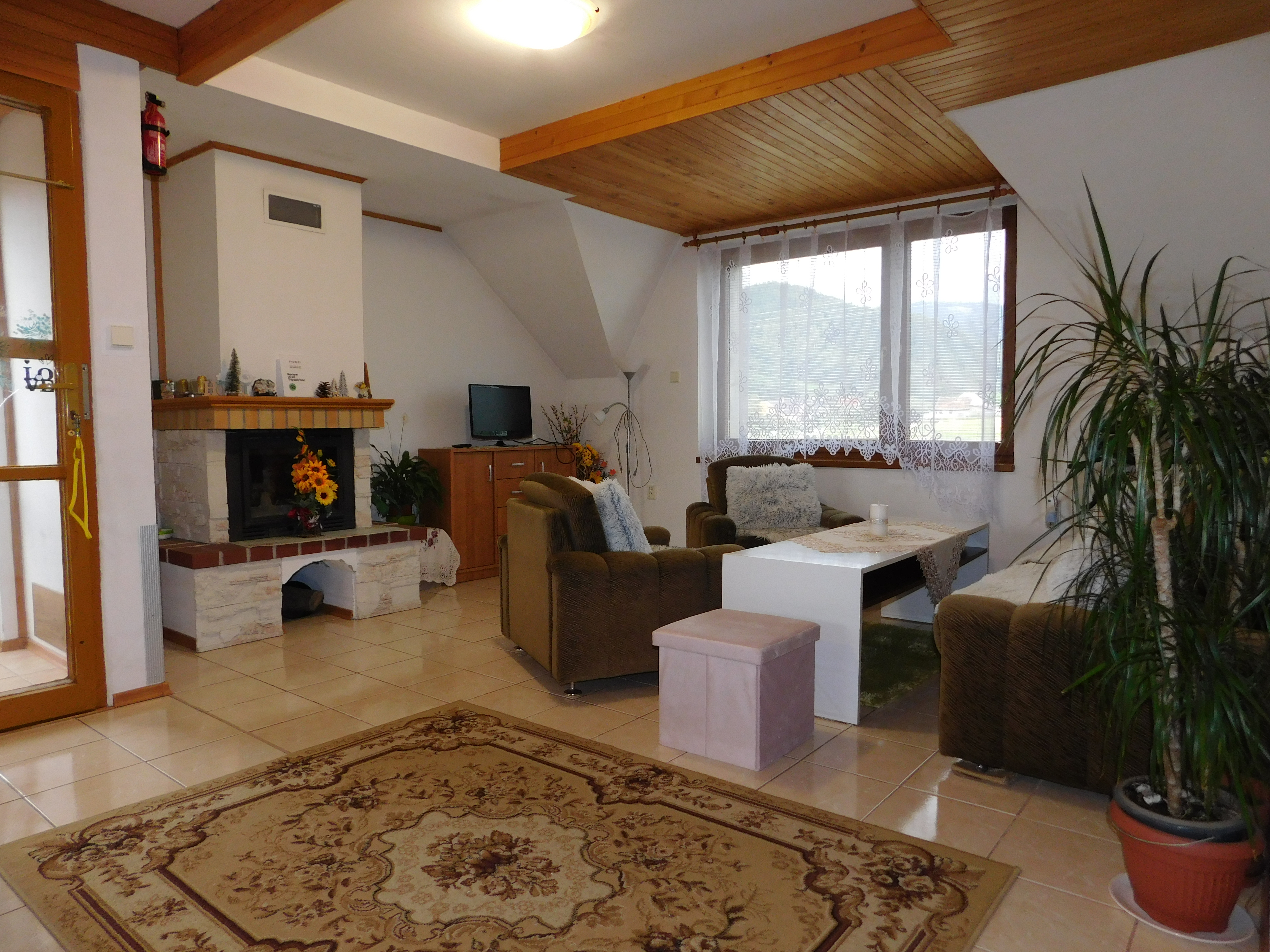 Obývacia časť v podkrovnom apartmáne Tania. Tv, krb a posedenie.